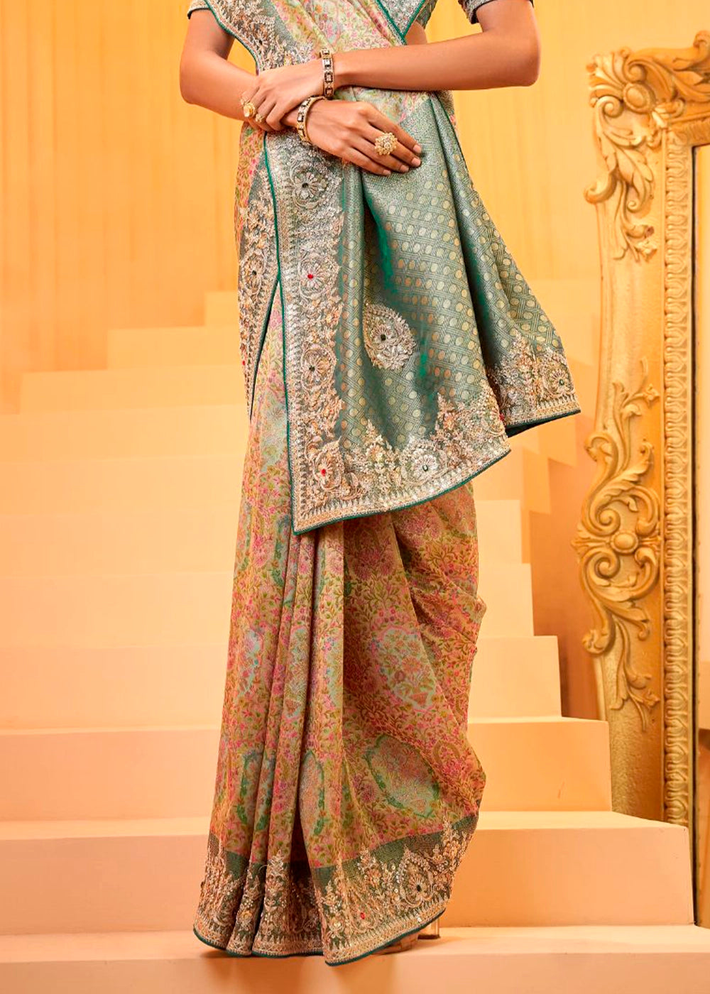 Green & Brown Viscose Silk Saree with Intricate Zardosi, Resham and Zari Work