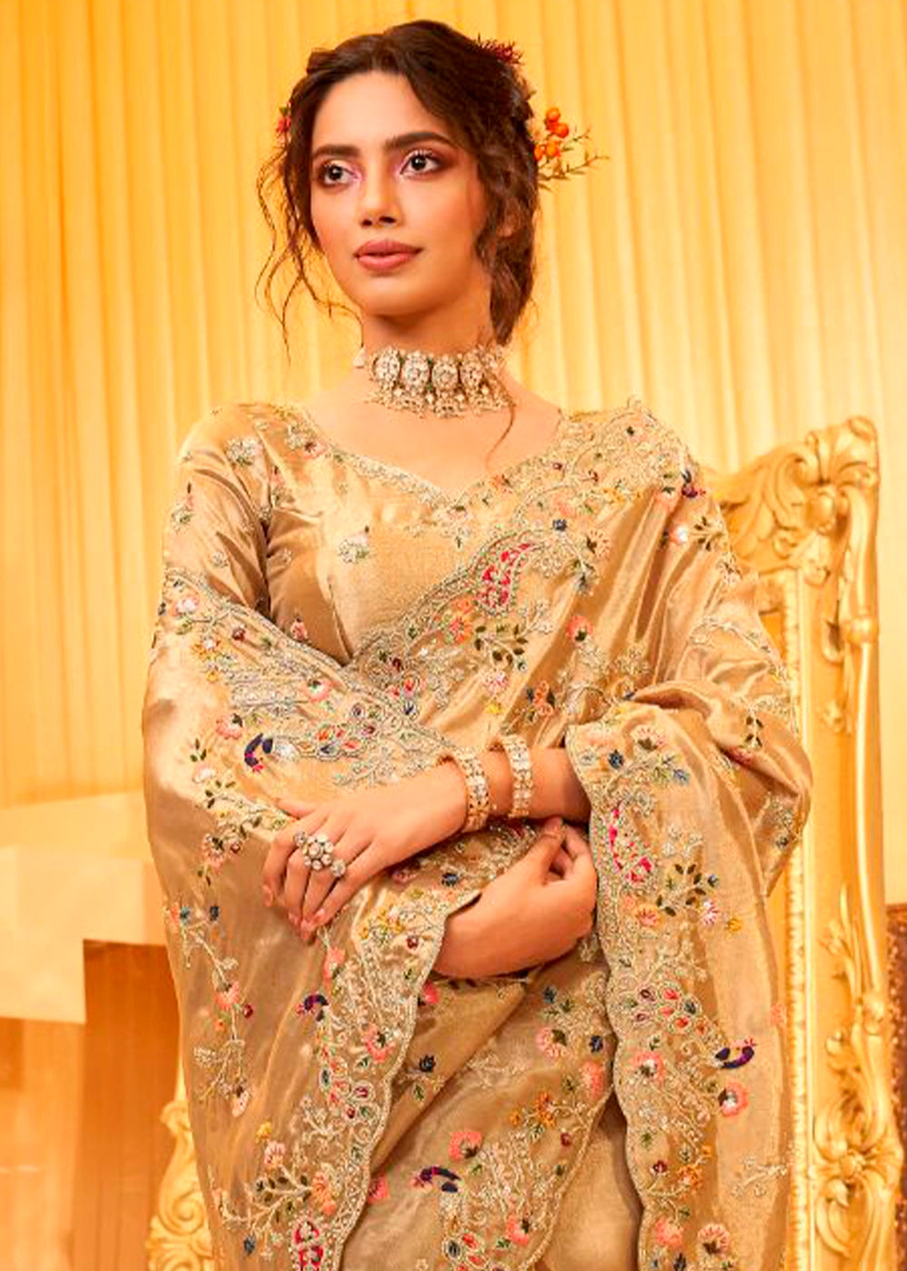 Light Brown Viscose Silk Saree with Intricate Zardosi, Resham and Zari Work