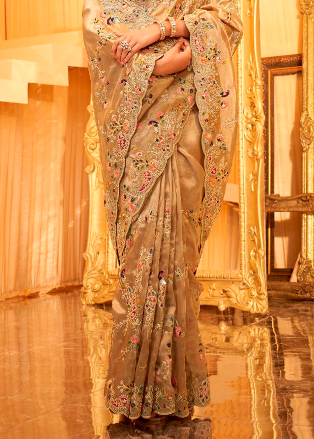 Light Brown Viscose Silk Saree with Intricate Zardosi, Resham and Zari Work