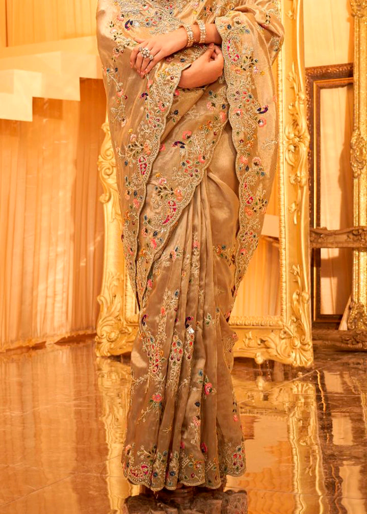 Light Brown Viscose Silk Saree with Intricate Zardosi, Resham and Zari Work