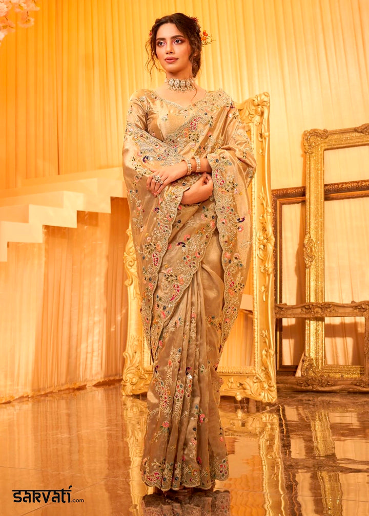 Light Brown Viscose Silk Saree with Intricate Zardosi, Resham and Zari Work