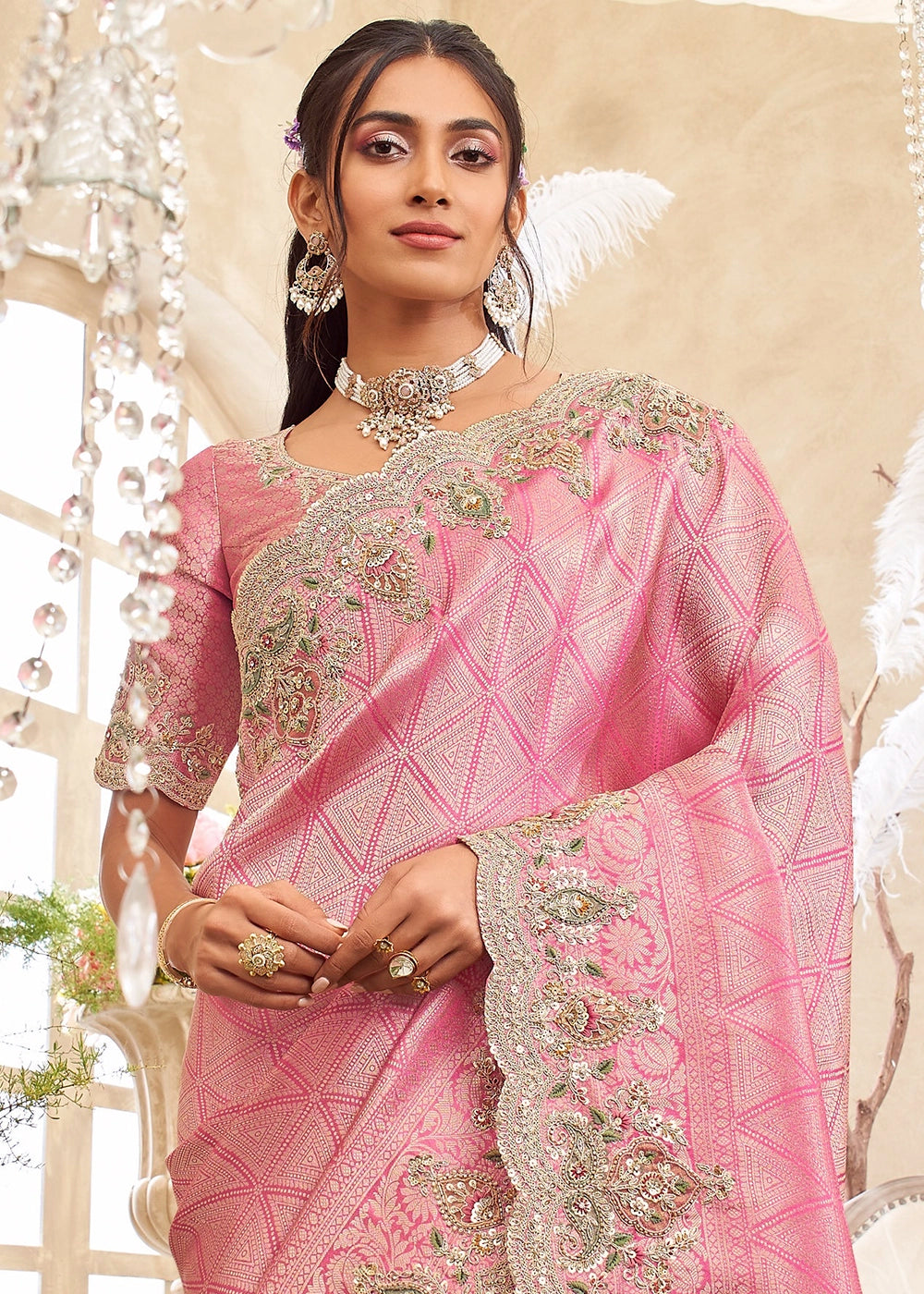 Flamingo Pink Viscose Silk Saree with Intricate Zardosi, Resham and Zari Work