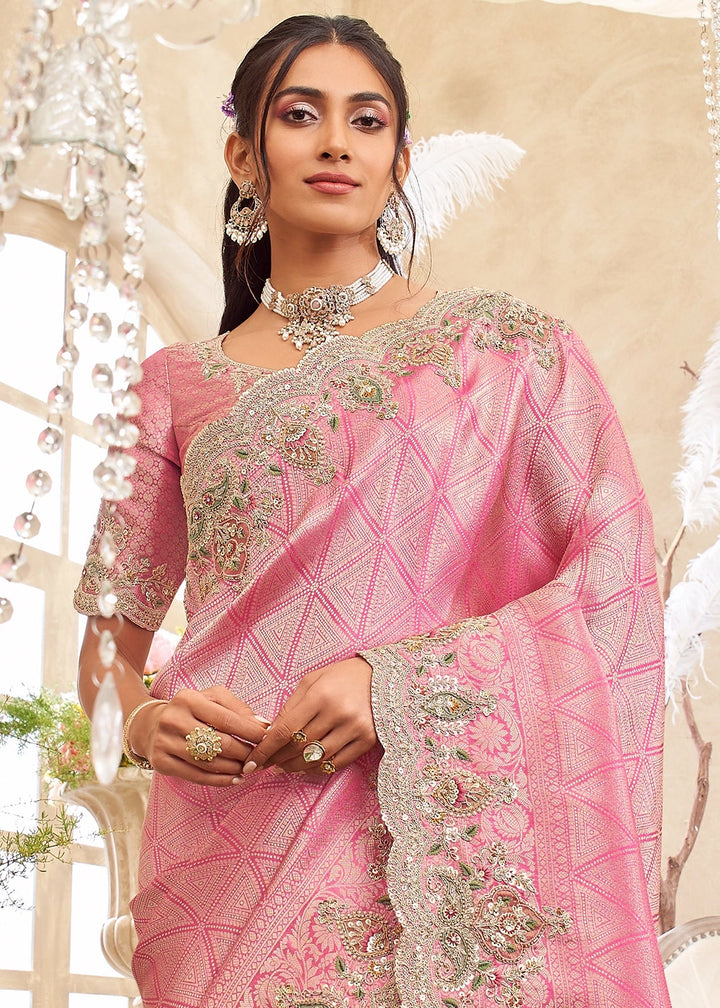 Flamingo Pink Viscose Silk Saree with Intricate Zardosi, Resham and Zari Work