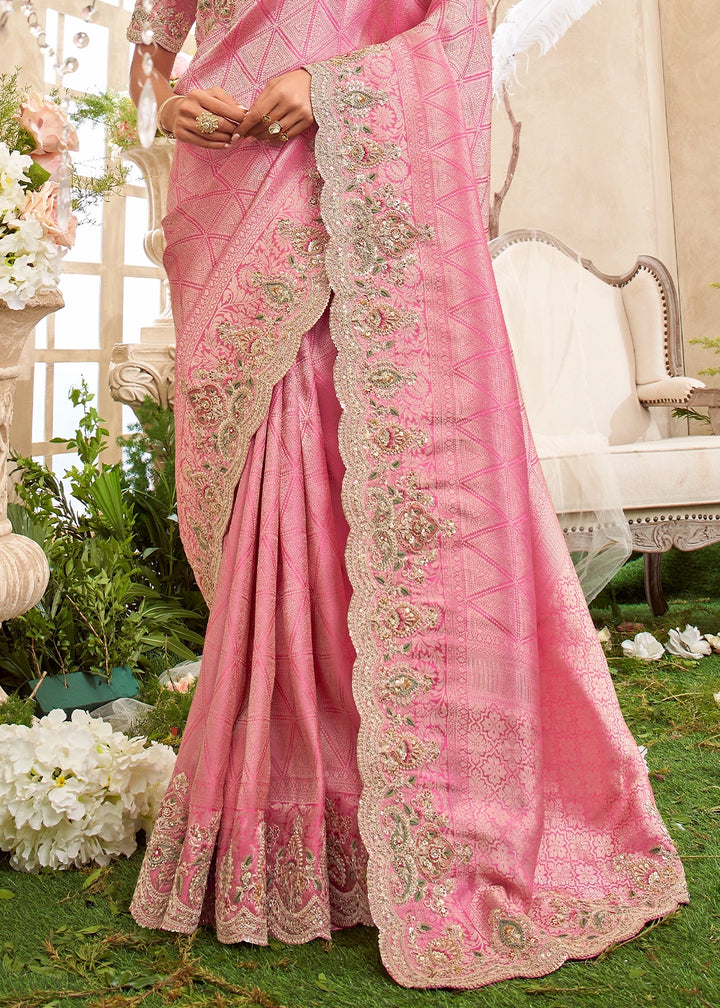 Flamingo Pink Viscose Silk Saree with Intricate Zardosi, Resham and Zari Work