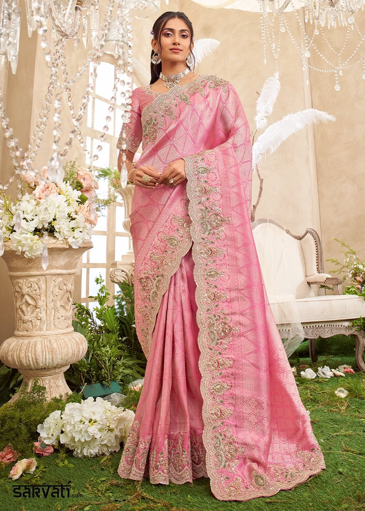 Flamingo Pink Viscose Silk Saree with Intricate Zardosi, Resham and Zari Work