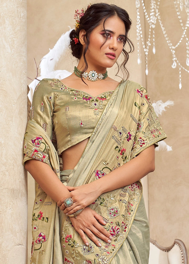 Shades Of Green Viscose Silk Saree with Intricate Zardosi, Resham and Zari Work