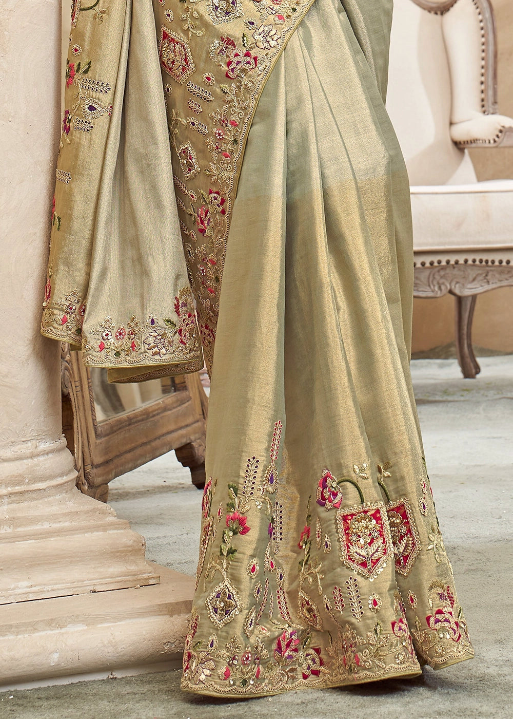 Shades Of Green Viscose Silk Saree with Intricate Zardosi, Resham and Zari Work