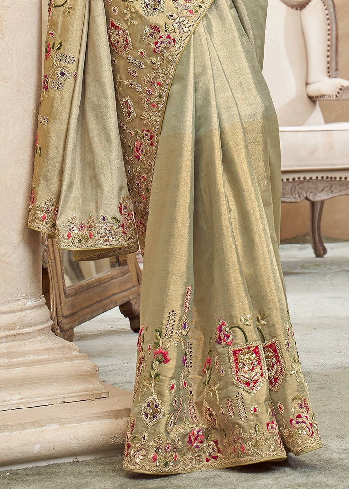 Shades Of Green Viscose Silk Saree with Intricate Zardosi, Resham and Zari Work