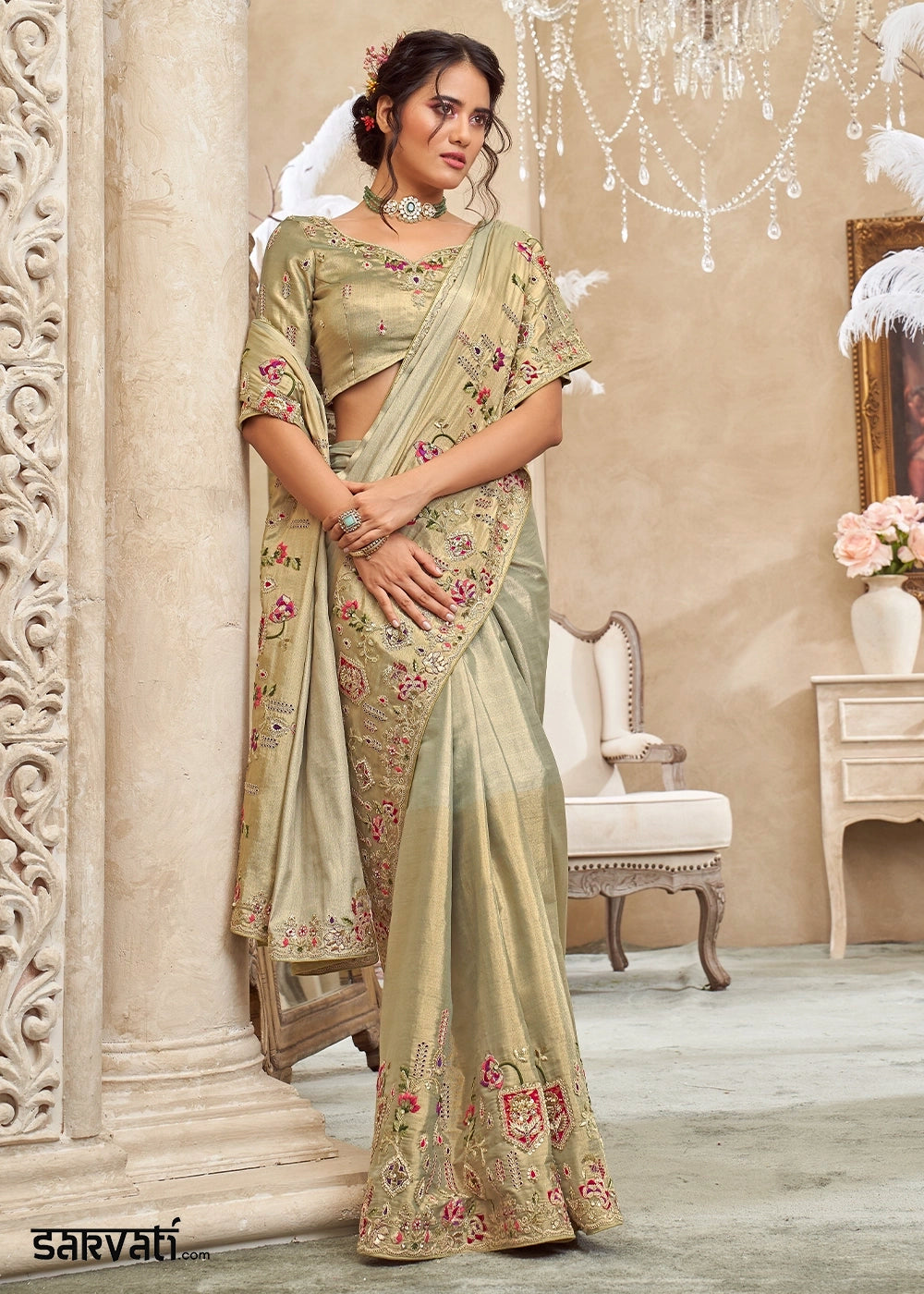 Shades Of Green Viscose Silk Saree with Intricate Zardosi, Resham and Zari Work