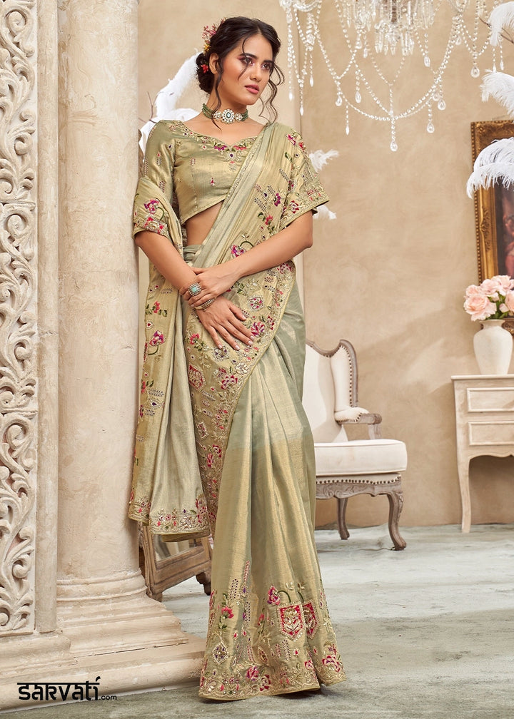 Shades Of Green Viscose Silk Saree with Intricate Zardosi, Resham and Zari Work