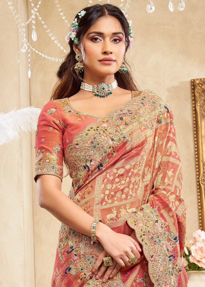 Pinkish Orange Viscose Silk Saree with Intricate Zardosi, Resham and Zari Work