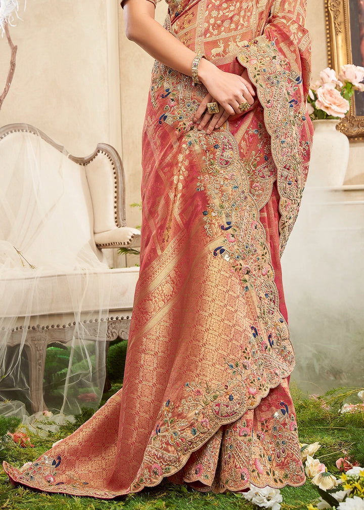 Pinkish Orange Viscose Silk Saree with Intricate Zardosi, Resham and Zari Work