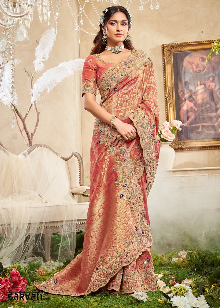 Pinkish Orange Viscose Silk Saree with Intricate Zardosi, Resham and Zari Work