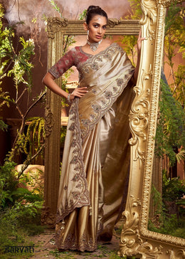 Metallic Golden Viscose Banarasi Woven Silk Saree with Heavy Embroidery and Scalloped Edges