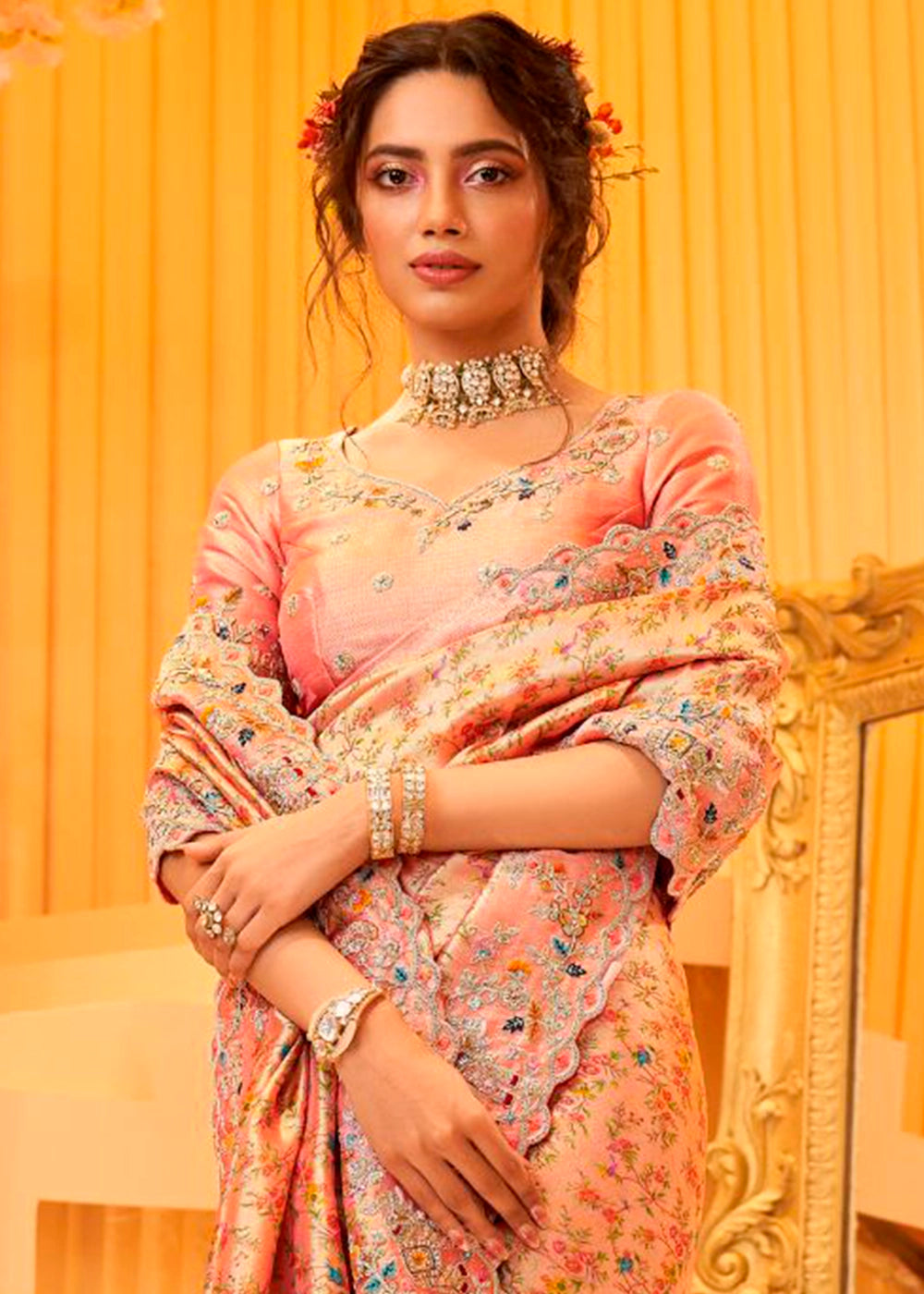 Peach Pink Viscose Silk Saree with Intricate Zardosi, Resham and Zari Work