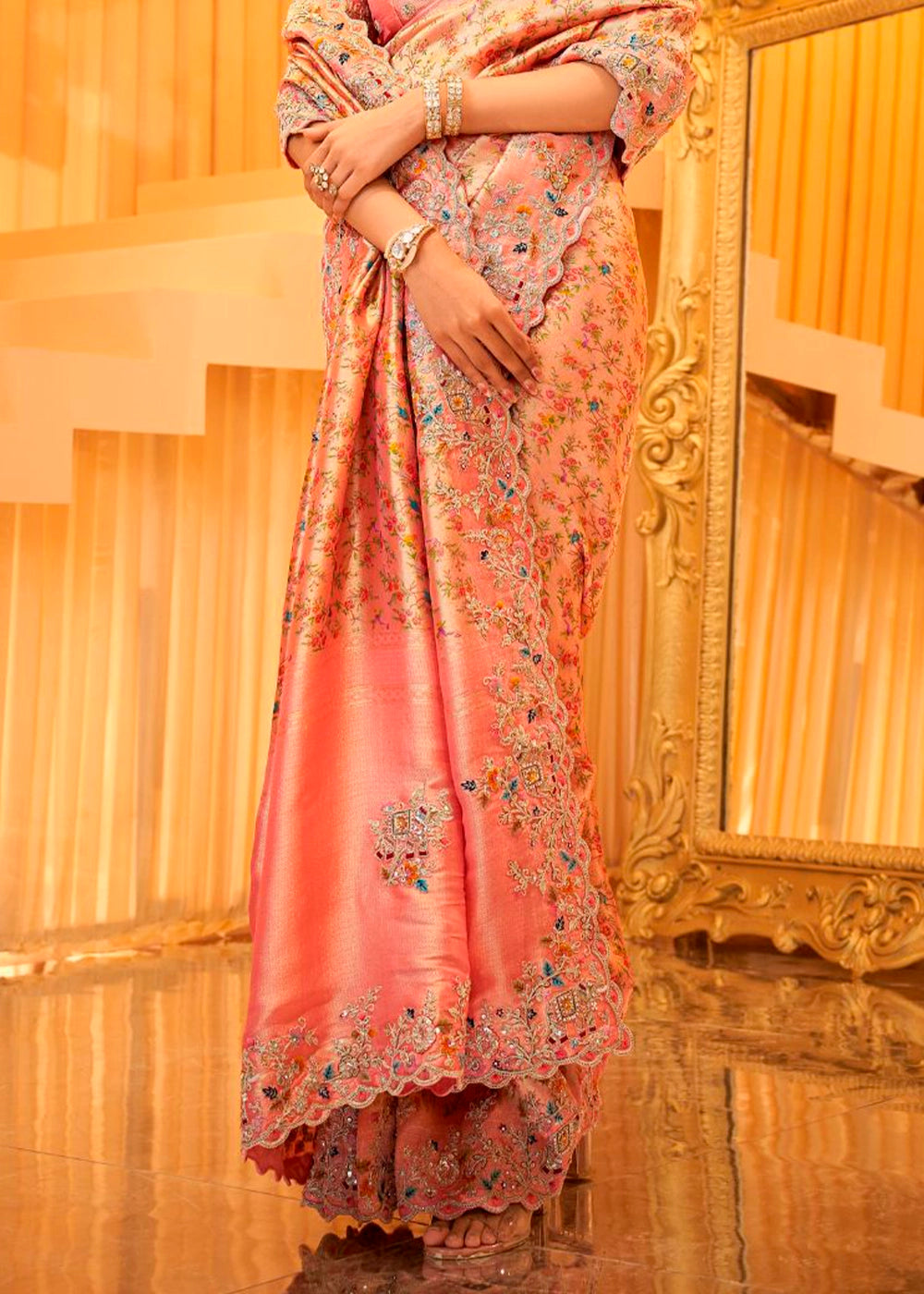 Peach Pink Viscose Silk Saree with Intricate Zardosi, Resham and Zari Work
