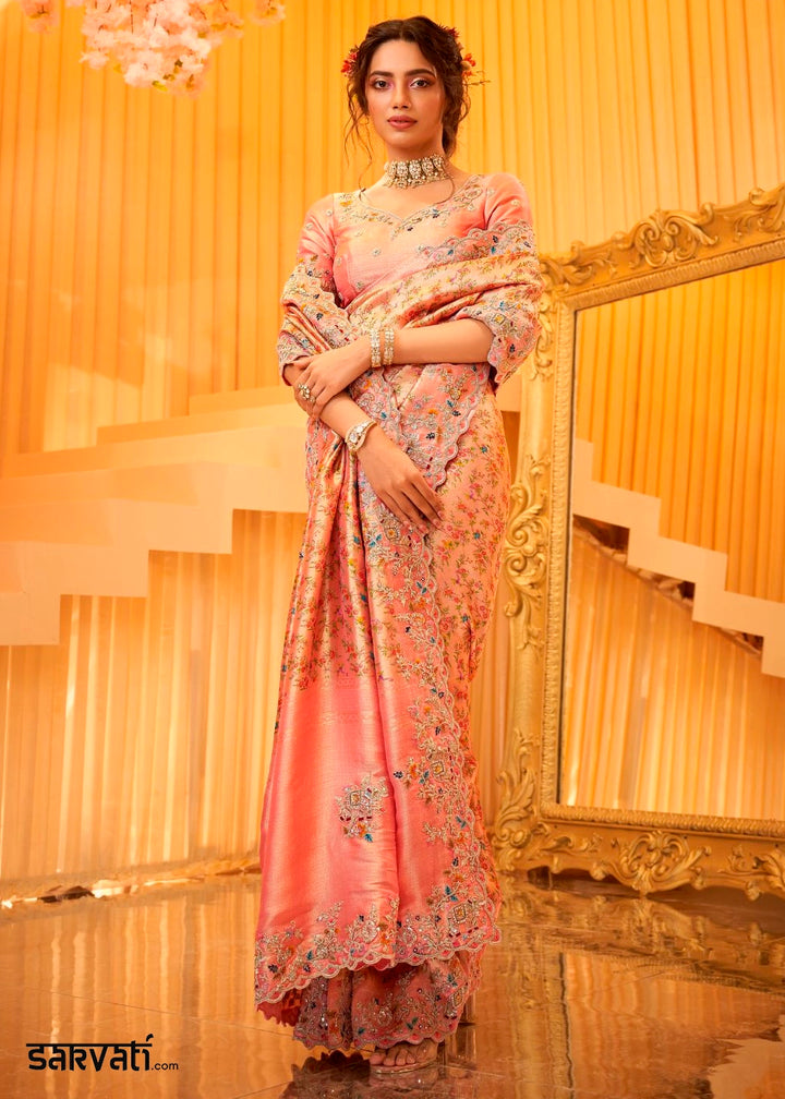 Peach Pink Viscose Silk Saree with Intricate Zardosi, Resham and Zari Work