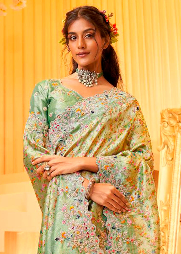 Shades Of Green Viscose Silk Saree with Intricate Zardosi, Resham and Zari Work