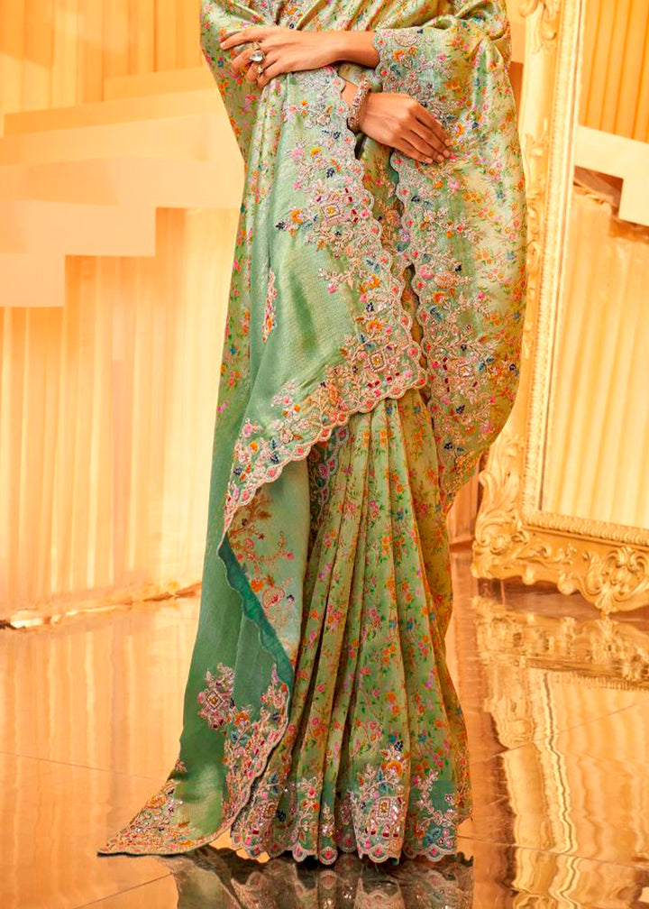 Shades Of Green Viscose Silk Saree with Intricate Zardosi, Resham and Zari Work