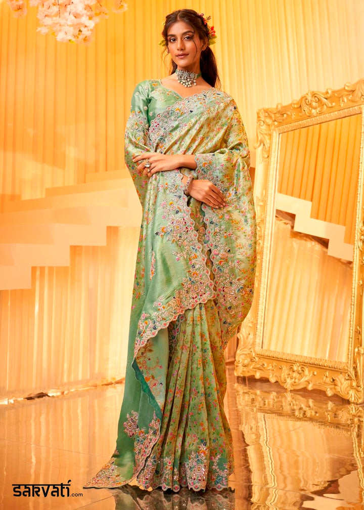 Shades Of Green Viscose Silk Saree with Intricate Zardosi, Resham and Zari Work