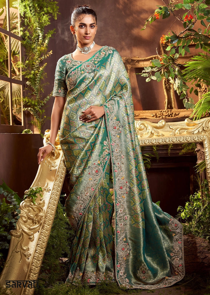 Jade Green Banarasi Silk Saree featuring Heavy Embroidery and Zari Detailing
