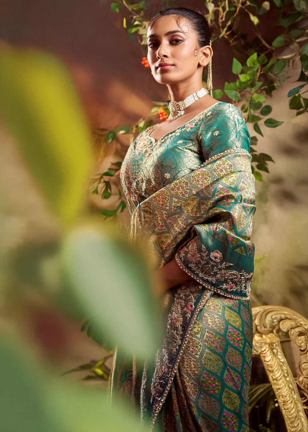 Jade Green Banarasi Silk Saree featuring Heavy Embroidery and Zari Detailing