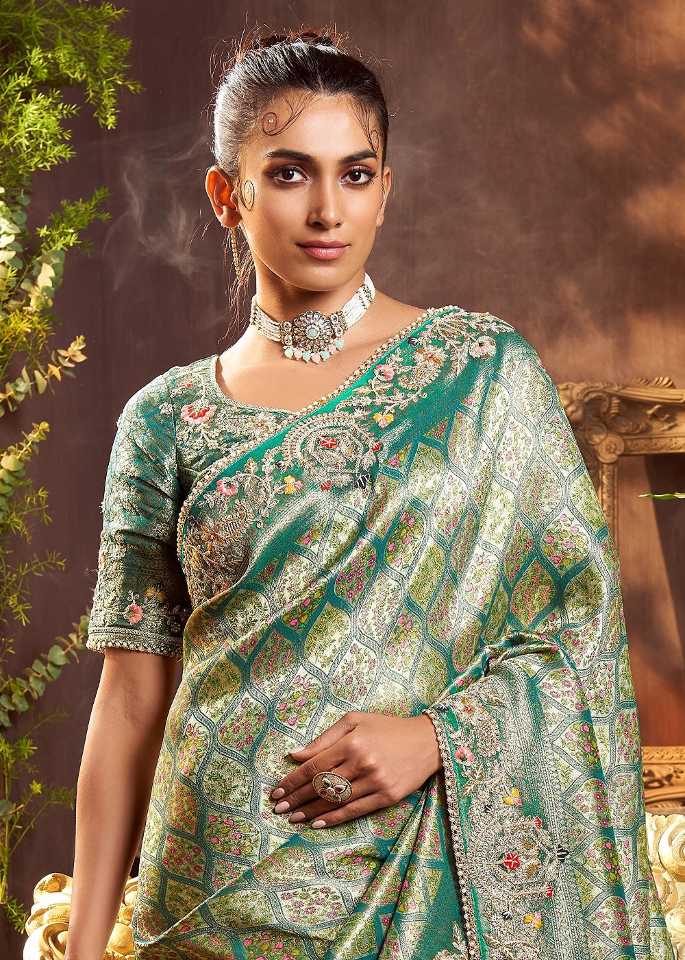 Jade Green Banarasi Silk Saree featuring Heavy Embroidery and Zari Detailing