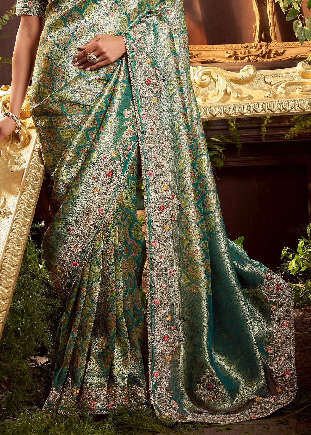 Jade Green Banarasi Silk Saree featuring Heavy Embroidery and Zari Detailing