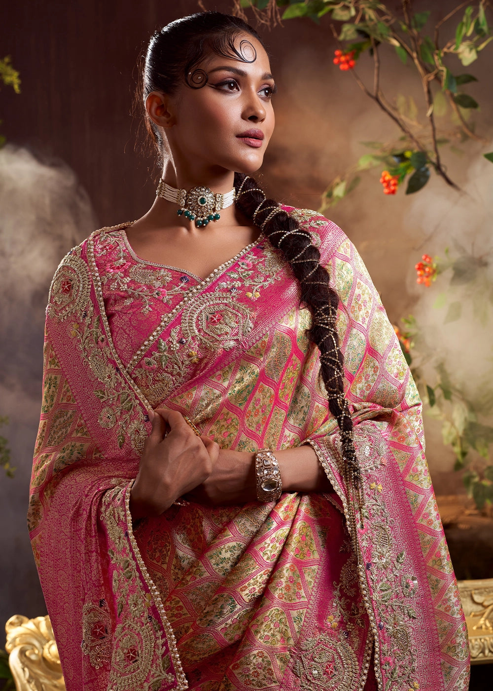 Pastel Pink Banarasi Silk Saree featuring Heavy Embroidery and Zari Detailing