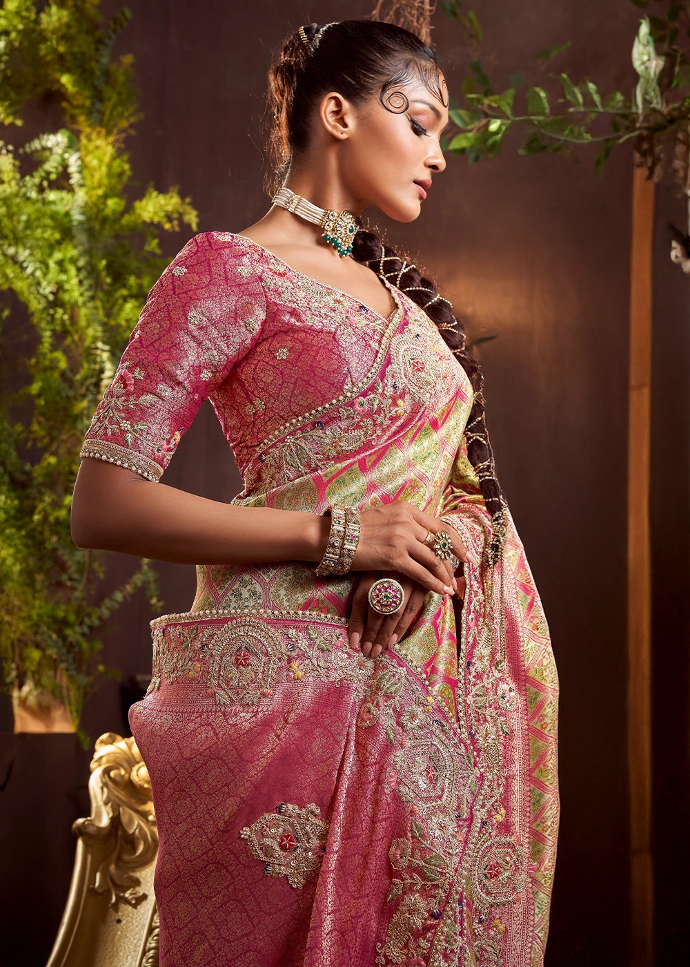 Pastel Pink Banarasi Silk Saree featuring Heavy Embroidery and Zari Detailing