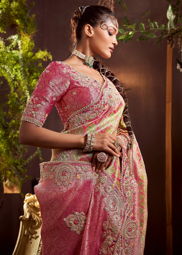Pastel Pink Banarasi Silk Saree featuring Heavy Embroidery and Zari Detailing