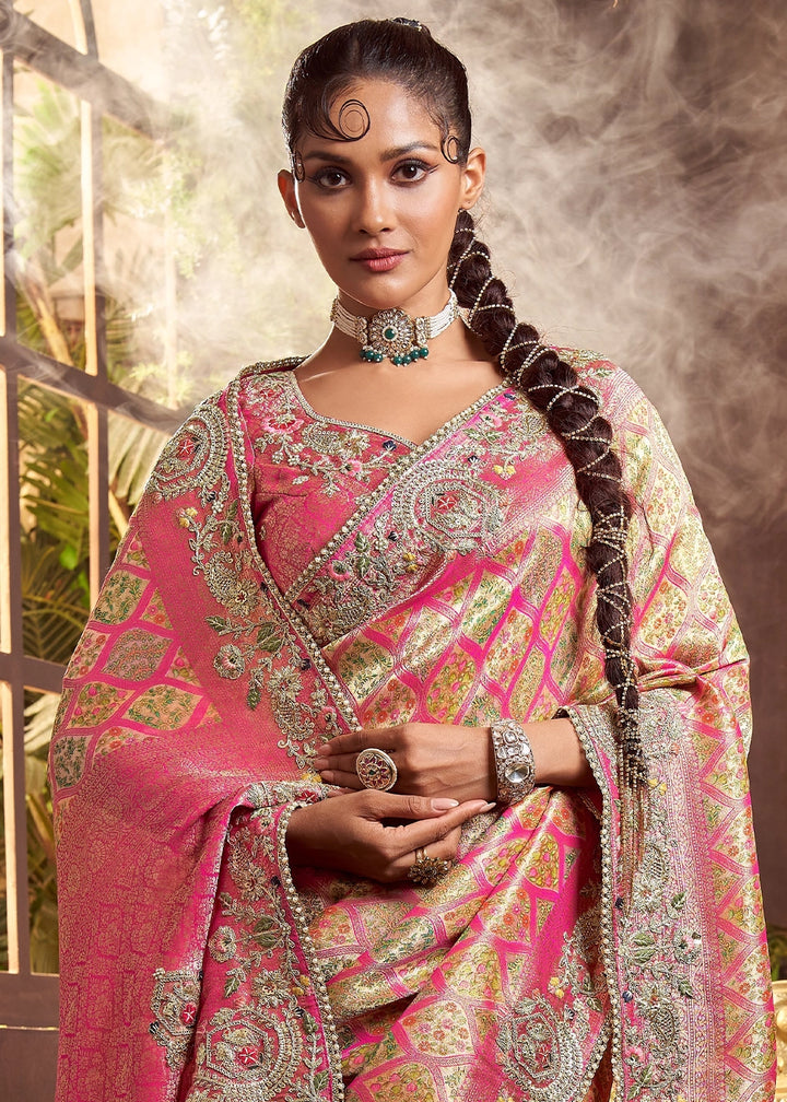 Pastel Pink Banarasi Silk Saree featuring Heavy Embroidery and Zari Detailing