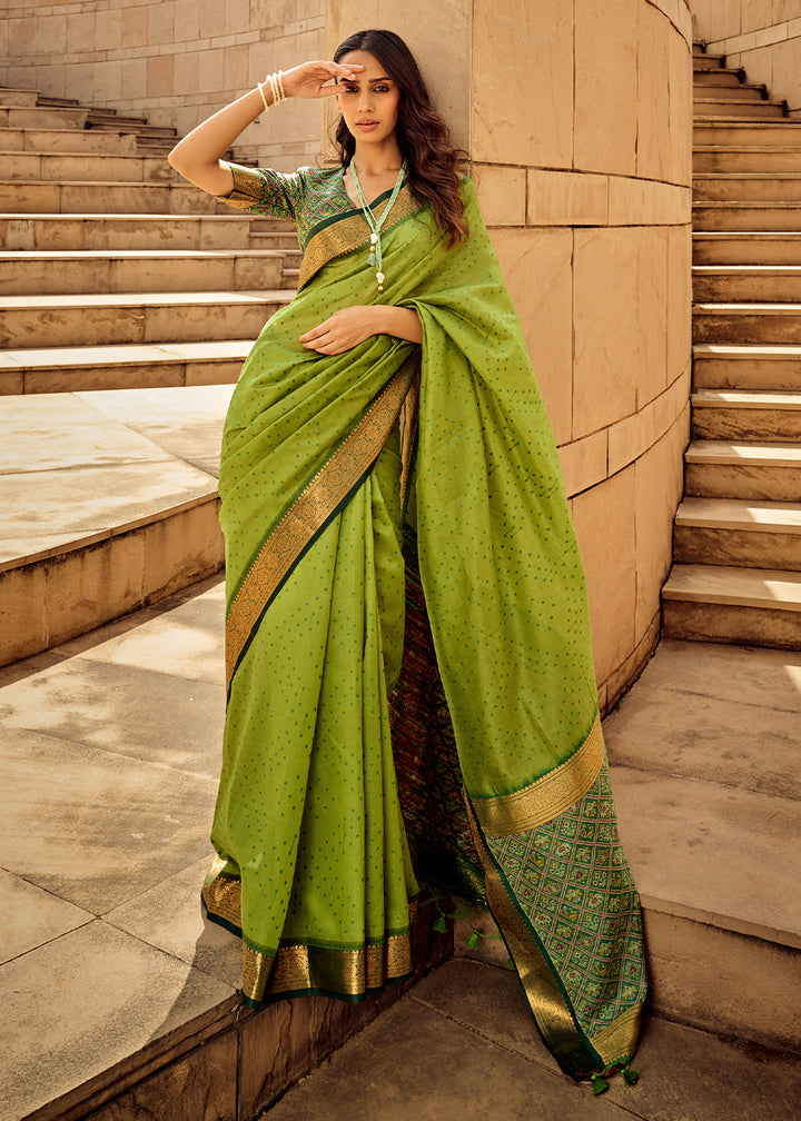 Lawn Green Patola Silk Saree with Intricate Handloom Work