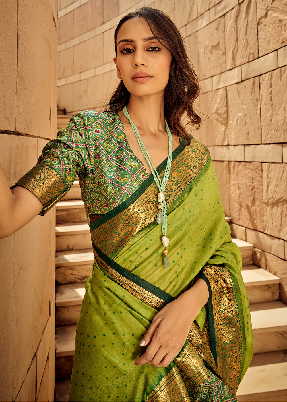 Lawn Green Patola Silk Saree with Intricate Handloom Work