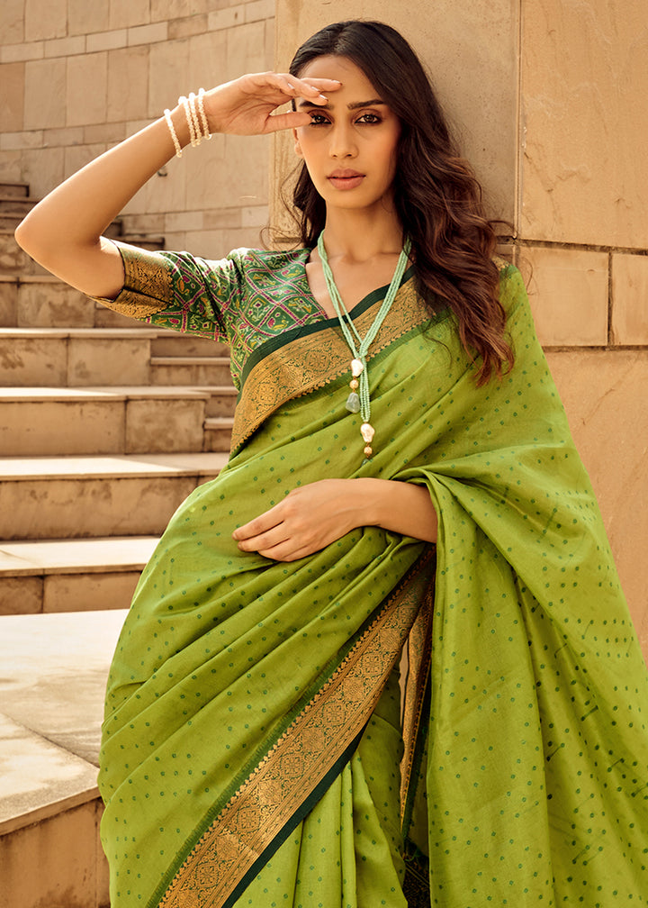 Lawn Green Patola Silk Saree with Intricate Handloom Work