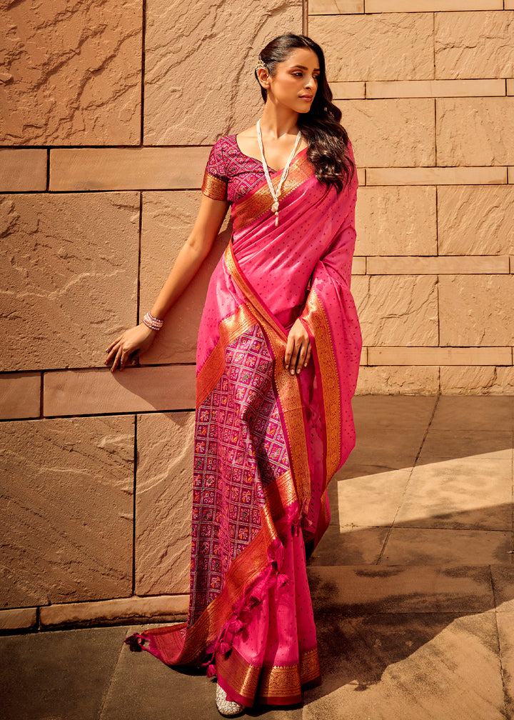 Hot Pink Patola Silk Saree with Intricate Handloom Work