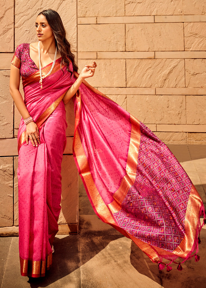 Hot Pink Patola Silk Saree with Intricate Handloom Work