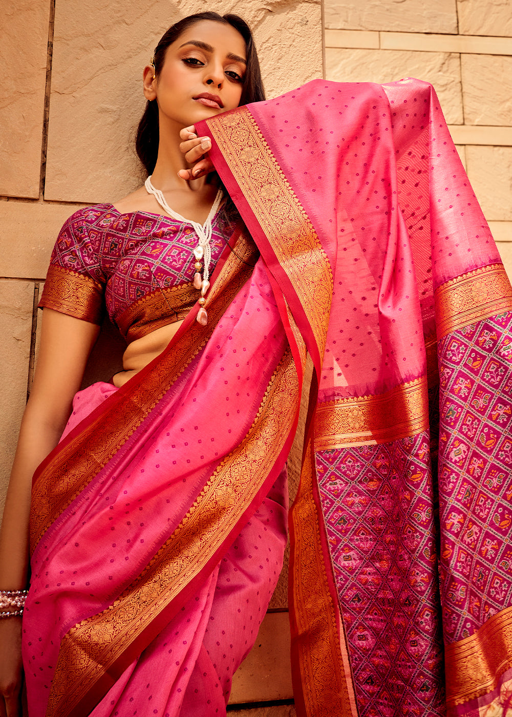 Hot Pink Patola Silk Saree with Intricate Handloom Work