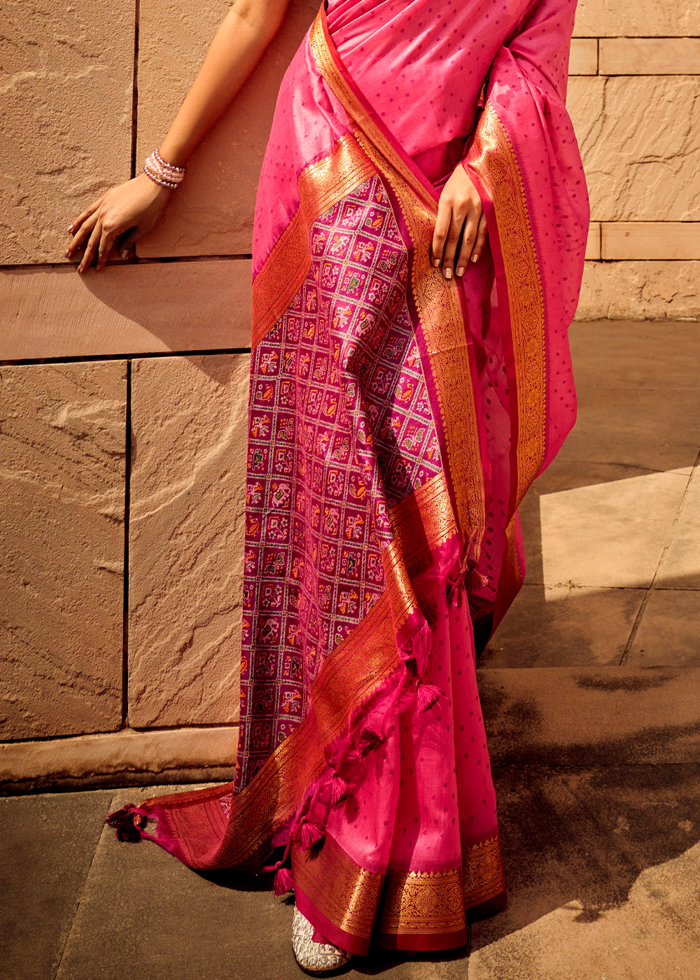 Hot Pink Patola Silk Saree with Intricate Handloom Work