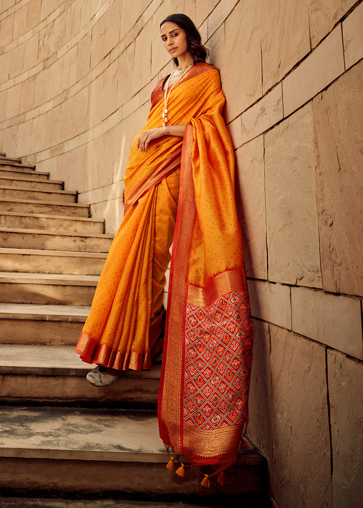 Pumpkin Orange Patola Silk Saree with Intricate Handloom Work