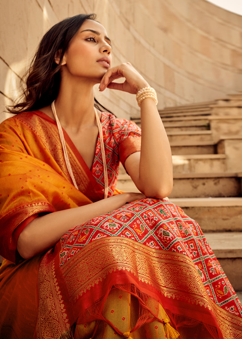 Pumpkin Orange Patola Silk Saree with Intricate Handloom Work