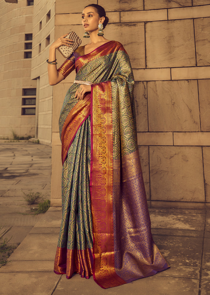 Green & Purple Two-Tone Handcrafted Kanjivaram Silk Saree