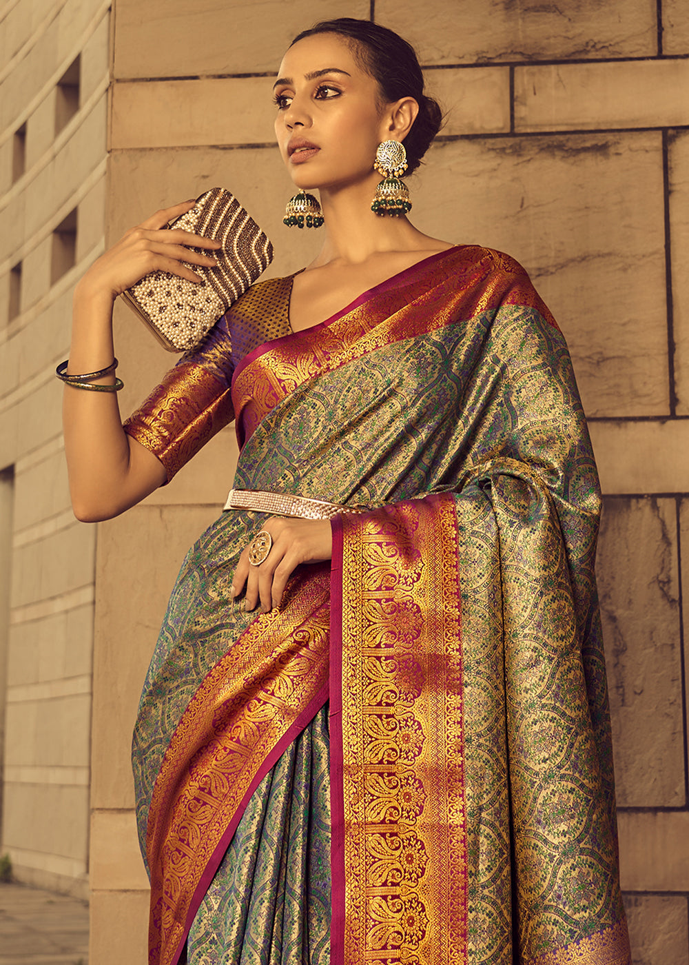 Green & Purple Two-Tone Handcrafted Kanjivaram Silk Saree