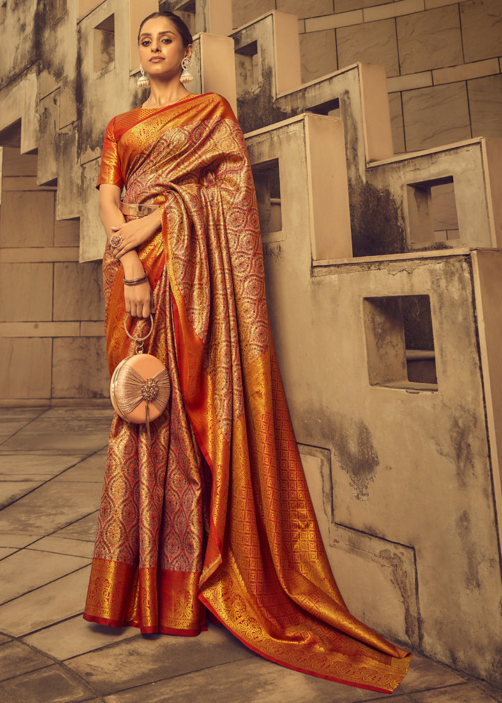 Red & Orange Two-Tone Handcrafted Kanjivaram Silk Saree