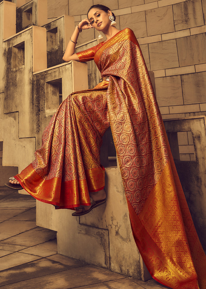 Red & Orange Two-Tone Handcrafted Kanjivaram Silk Saree