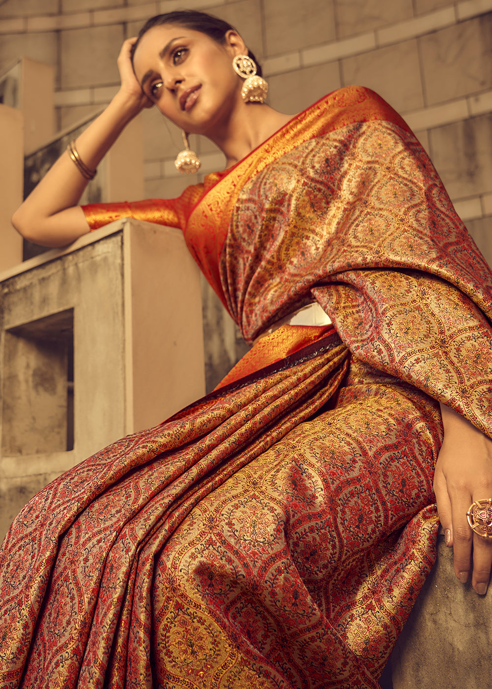 Red & Orange Two-Tone Handcrafted Kanjivaram Silk Saree