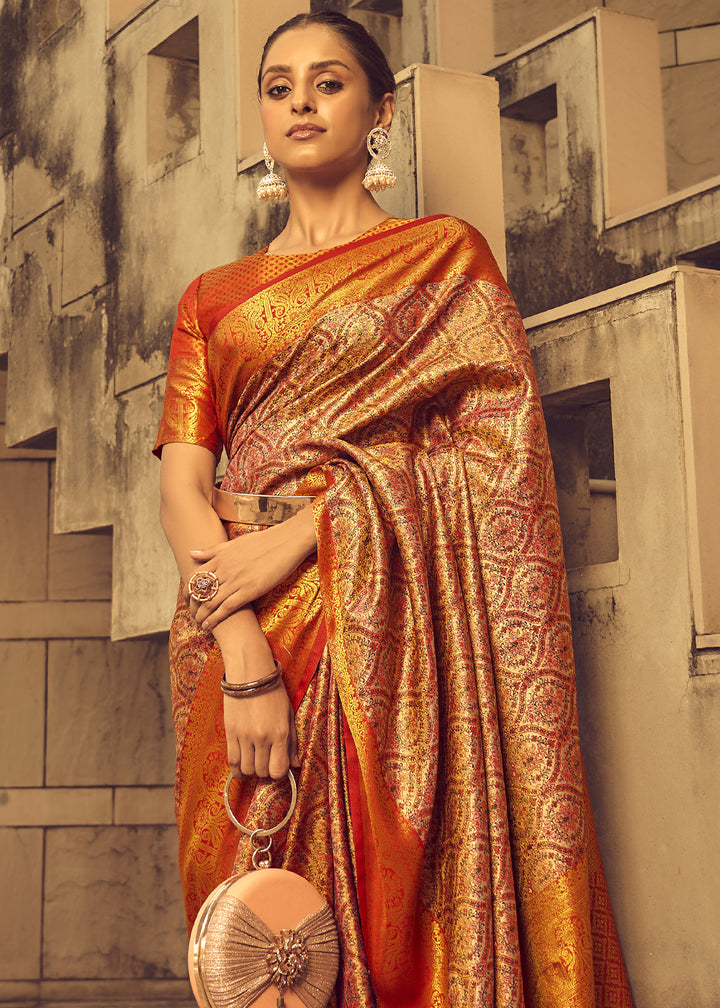 Red & Orange Two-Tone Handcrafted Kanjivaram Silk Saree