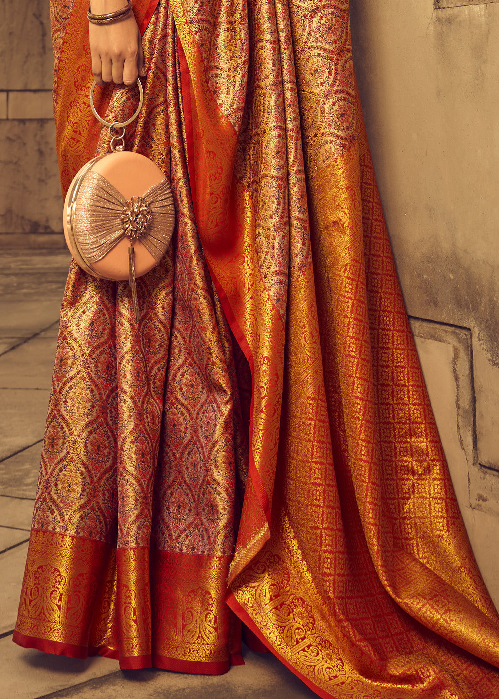 Red & Orange Two-Tone Handcrafted Kanjivaram Silk Saree