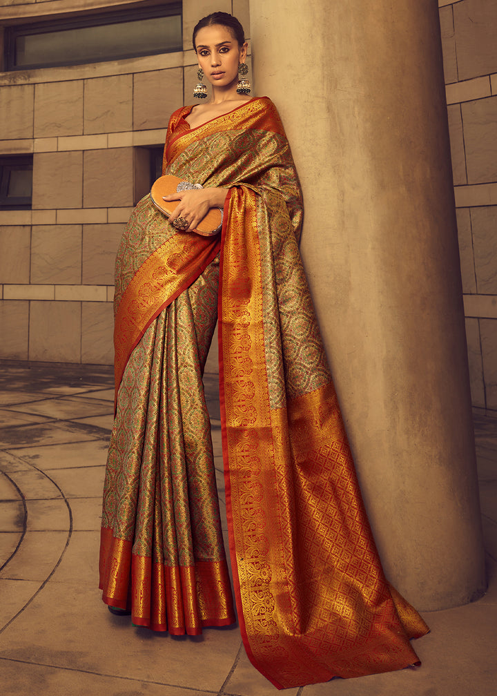 Green & Red Two-Tone Handcrafted Kanjivaram Silk Saree