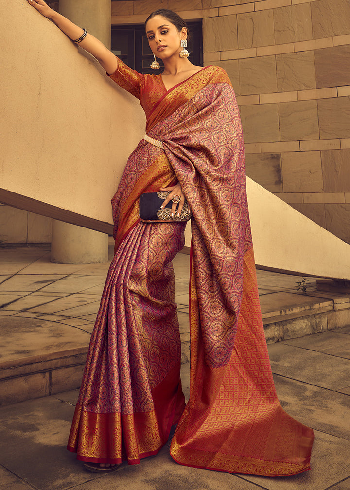 Purple & Red Two-Tone Handcrafted Kanjivaram Silk Saree